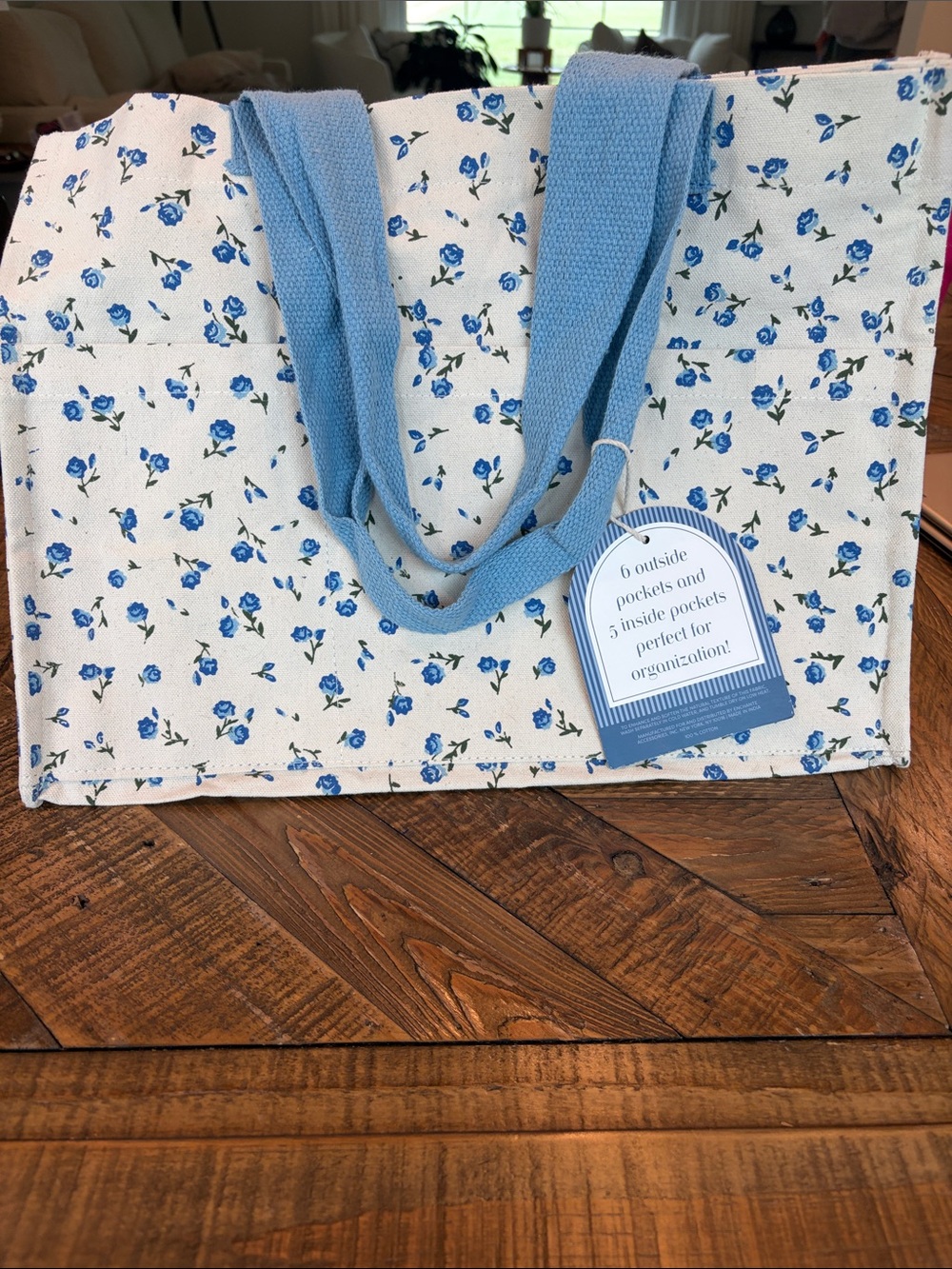 NWT Blue Floral Canvas Tote Bag with Blue Straps